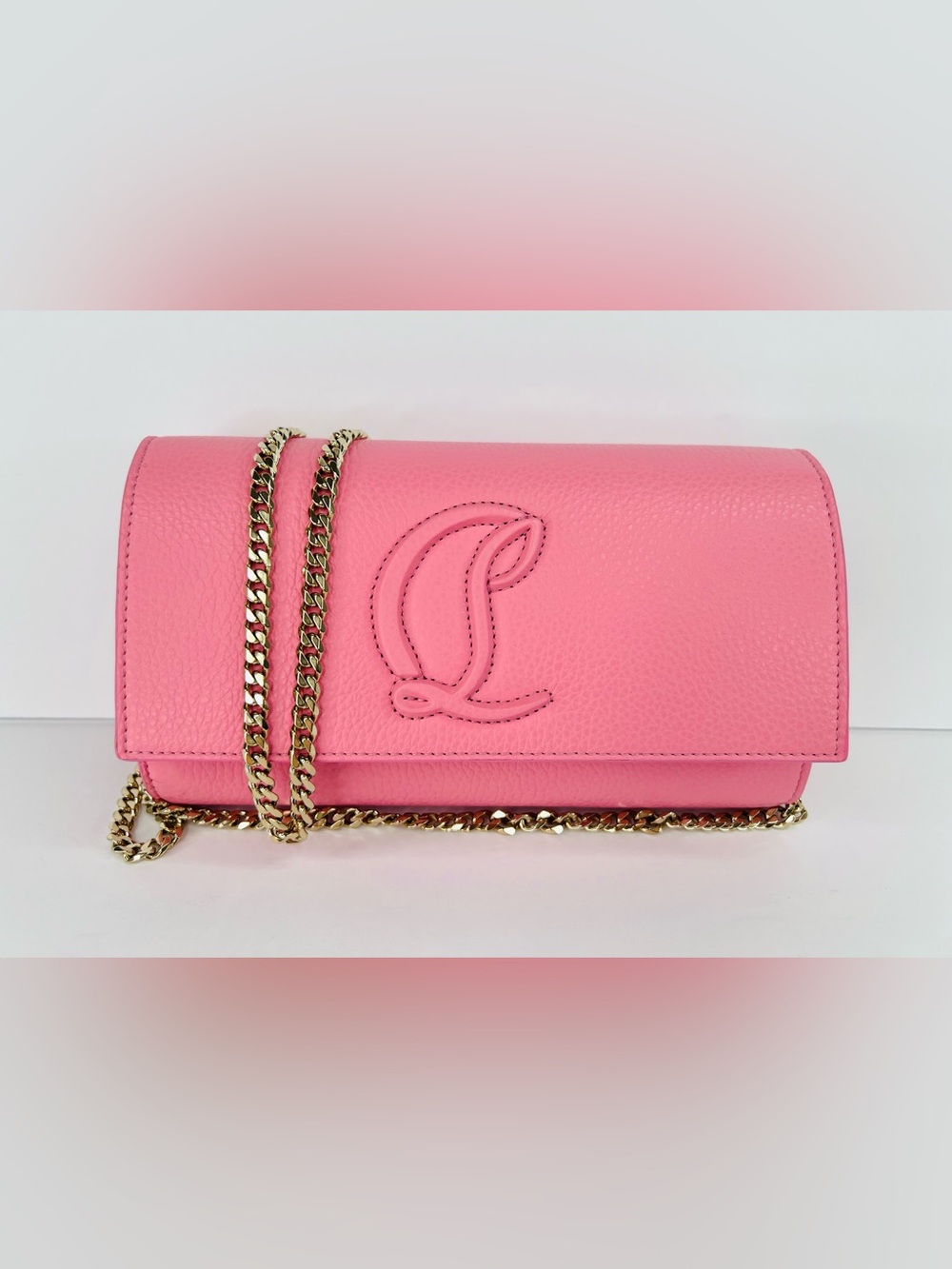 CHRISTIAN LOUBOUTIN By My Side Calipso Pink Calf Leather Logo Wallet Gold Chain - Picture 16 of 16